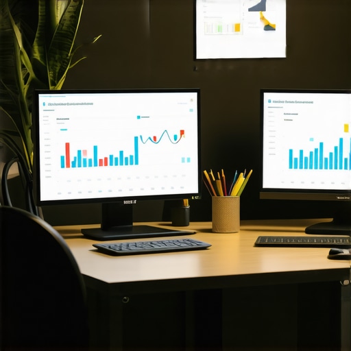 A high-tech workspace with AI analytics tools and voice search optimization charts