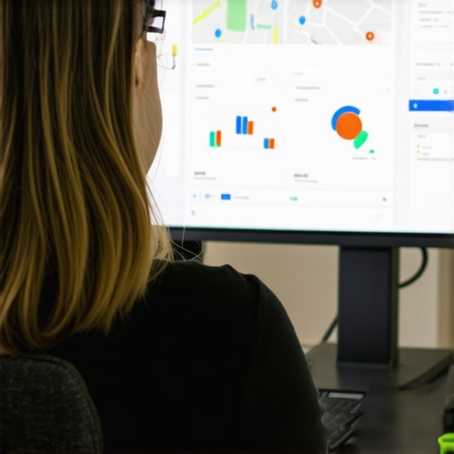 Person analyzing local SEO analytics on a computer with maps and graphs
