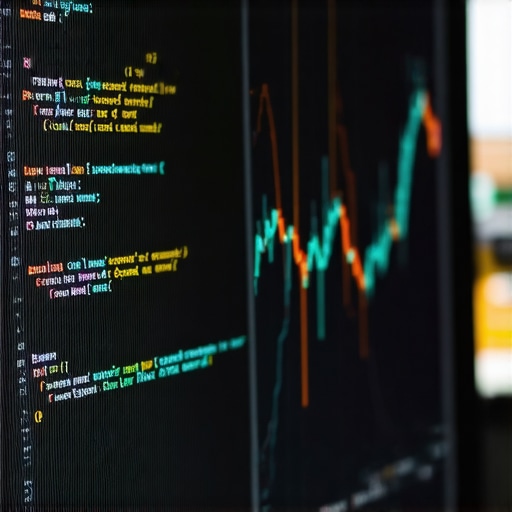 Schema markup code on a monitor with SEO analytics charts