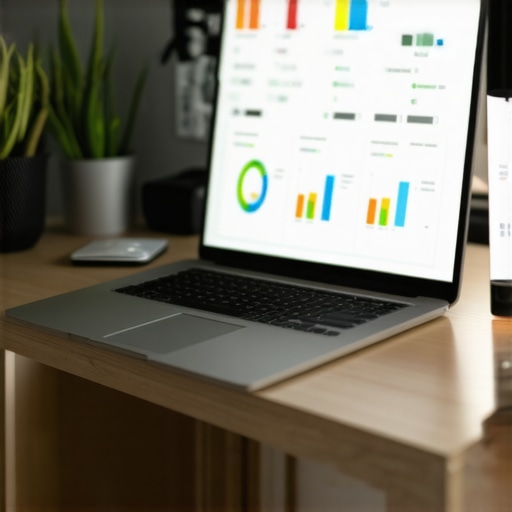 A workspace with SEO analytics tools on a computer screen, charts, and a notepad.