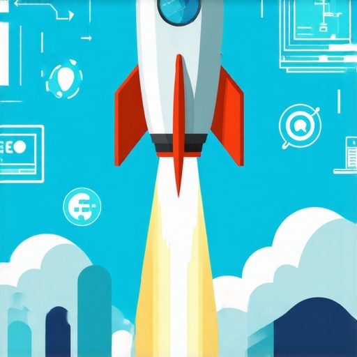 A rocket taking off with SEO symbols indicating fast growth in search rankings