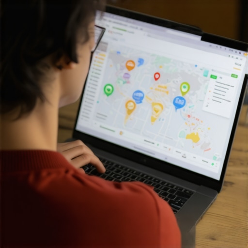 Digital marketer reviewing local SEO performance on a laptop, focusing on map ranking improvements.