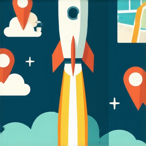 A rocket lifting off amid local map pin icons representing improved map rankings.