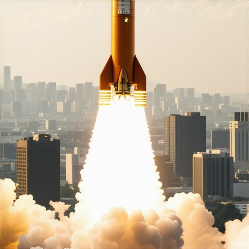 An illustration of a rocket soaring over a cityscape representing rapid local SEO success.