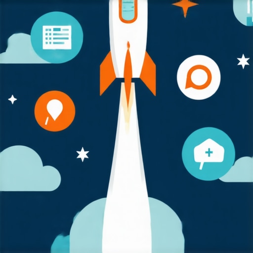 A rocket symbolizing rapid local SEO ranking success launch amidst icons of local businesses.