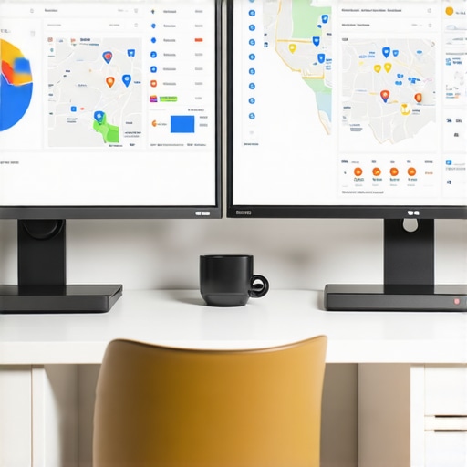A professional workspace with screens showing analytics, maps, and citation management tools for local SEO.