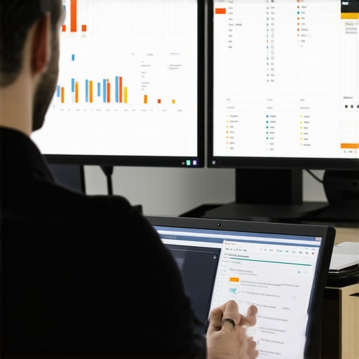 A person working on local SEO charts and dashboards on multiple screens, representing ongoing map ranking maintenance.