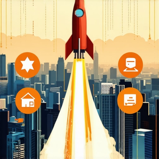 Illustration of a rocket boosting over a city with SEO signals like reviews and citations.