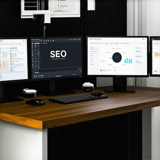 Computer screens showing SEO analytics and citation management tools in a professional office setting.