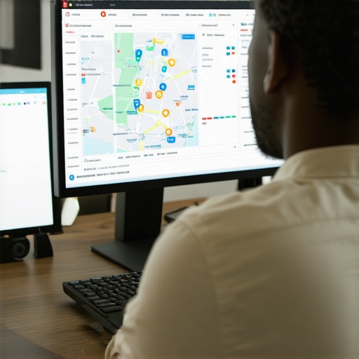 Analyzing Local SEO Data for Map Ranking Person reviewing SEO analytics on a computer with local maps displayed