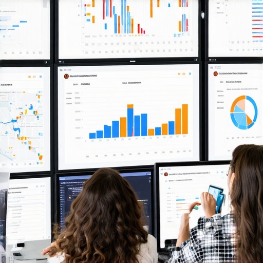 Experts analyzing local SEO performance metrics on multiple screens with maps and charts.