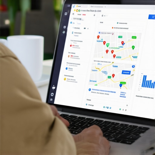 A person analyzing local maps and updating business profile on laptop for better map ranking.
