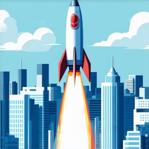 A modern rocket launching over a city to illustrate rapid map ranking success.