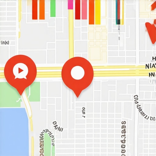 Map with icons representing customer engagement, navigation, and real-time signals for local SEO.