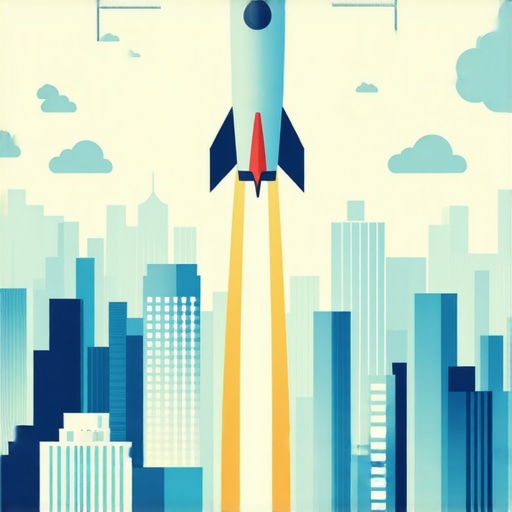 A graphic showing a rocket lifting off over a city with map icons