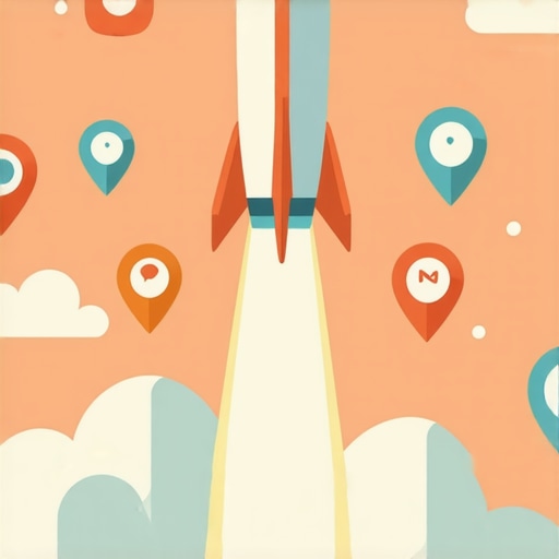A futuristic rocket taking off with icons representing reviews, check-ins, and data signals