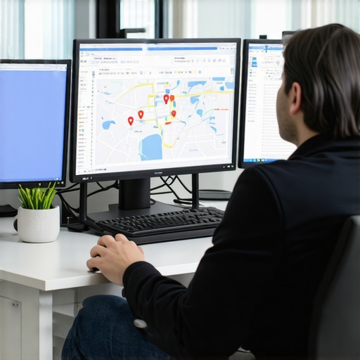 Person analyzing local SEO metrics on multiple screens to maintain map visibility.