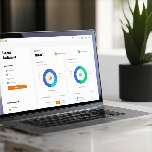Laptop screen showing local SEO analytics and review management dashboards.