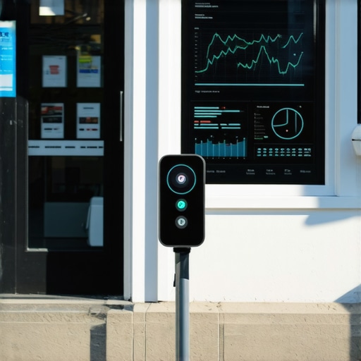 Image of a foot traffic sensor installed outside a storefront showing analytics data