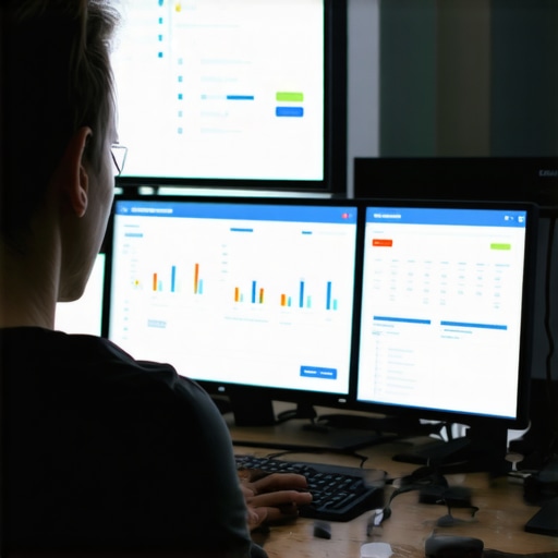 Person managing Google My Business profile during night hours with multiple screens.